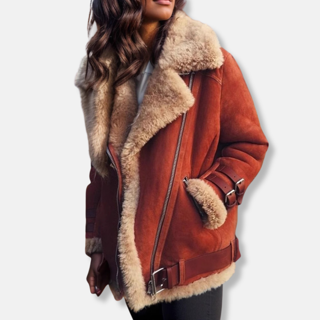 WW | Damenmantel – Oversized Fit – Plüsch Baumwolle – Kunstfellbesatz – Reißverschluss – Schnalle Detail