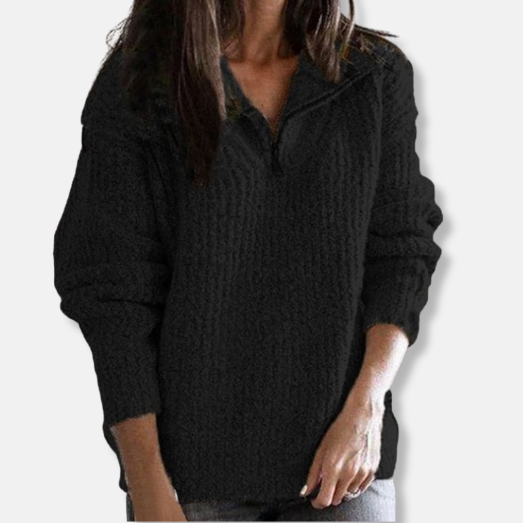 WW | Geripptes Halb-Reißverschluss-Kragenpullover - Solider Lässiger Schnitt Pullover