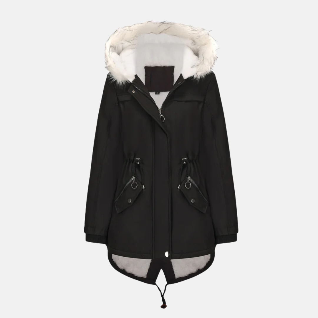 WW | Medium Length Windproof Water-Repellent Waist Drawstring Faux Fur Hood