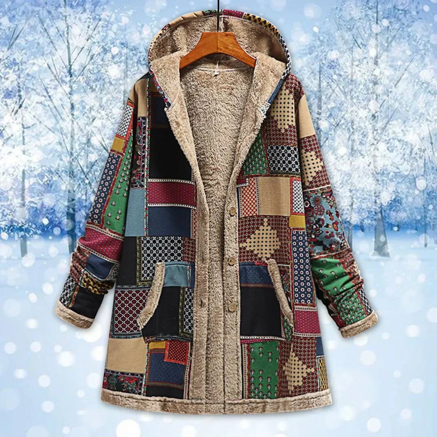 WW | Fleece Jacket Loose Fit Patchwork Long Length with Hood and Pockets