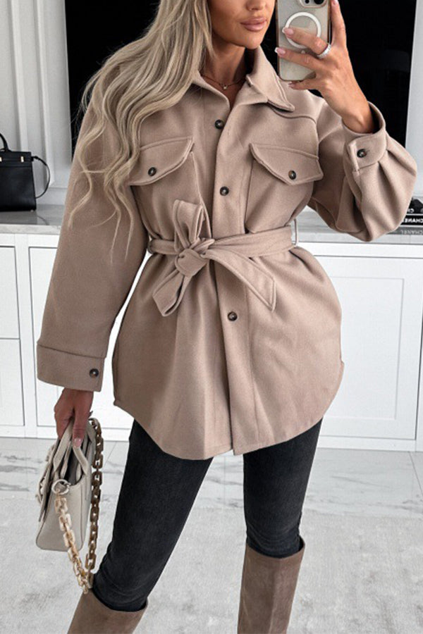 WW | Lace-up Plain Bag Button Placket Long Sleeve Jacket