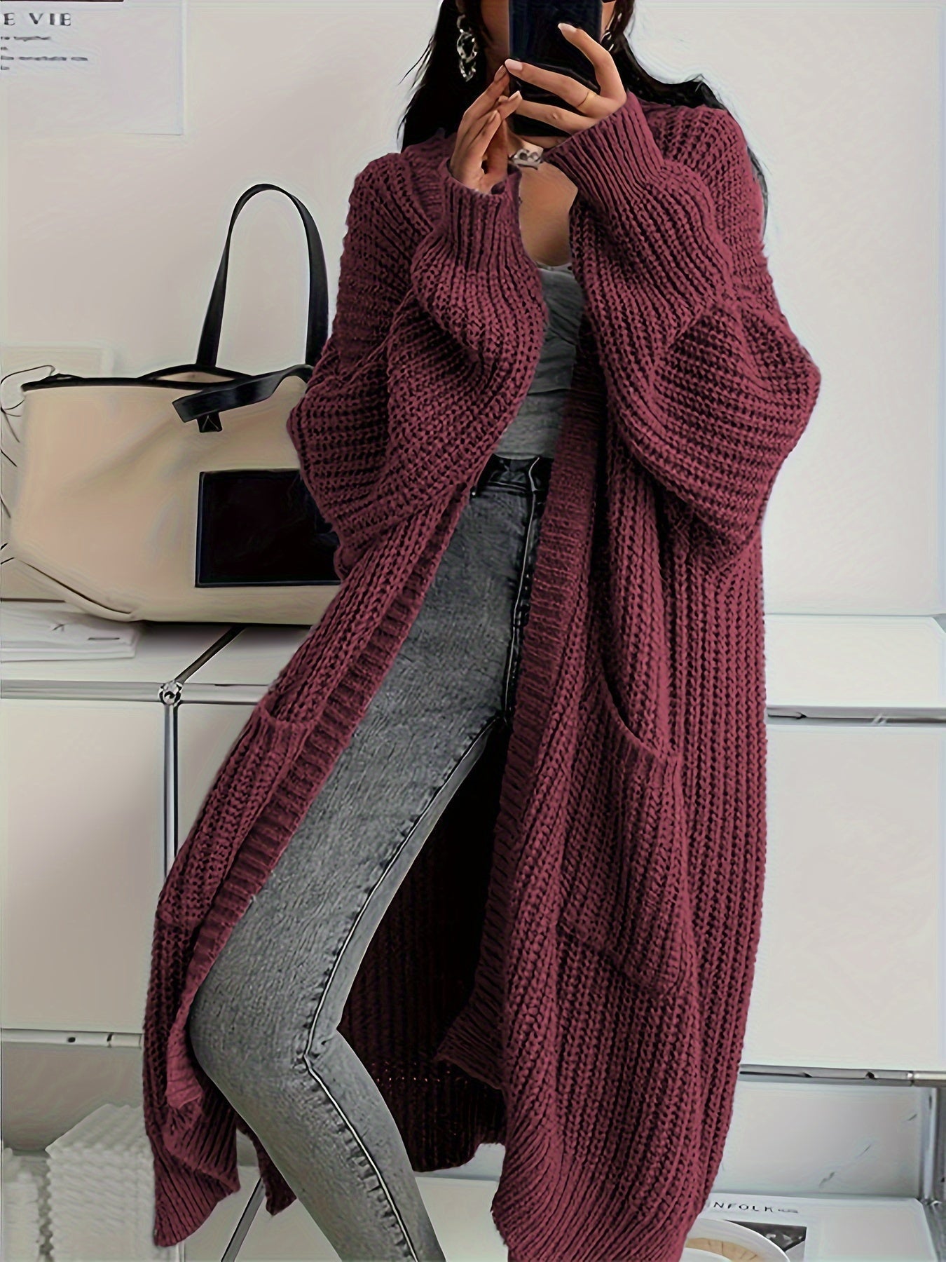 WW | Lange Aufgenähte Taschen Wolle Strickjacke Für Damen - Perfekt für Alltag