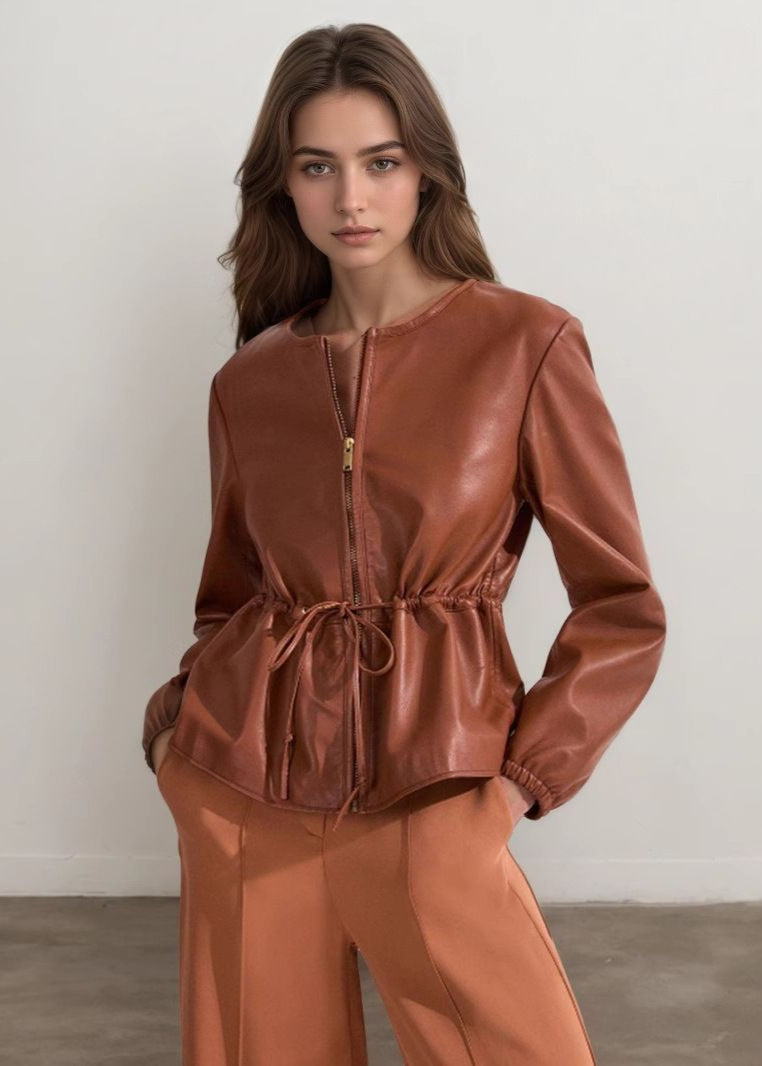 WW | Kognac Kunstleder Zip-Jacke mit Zugband Taille
