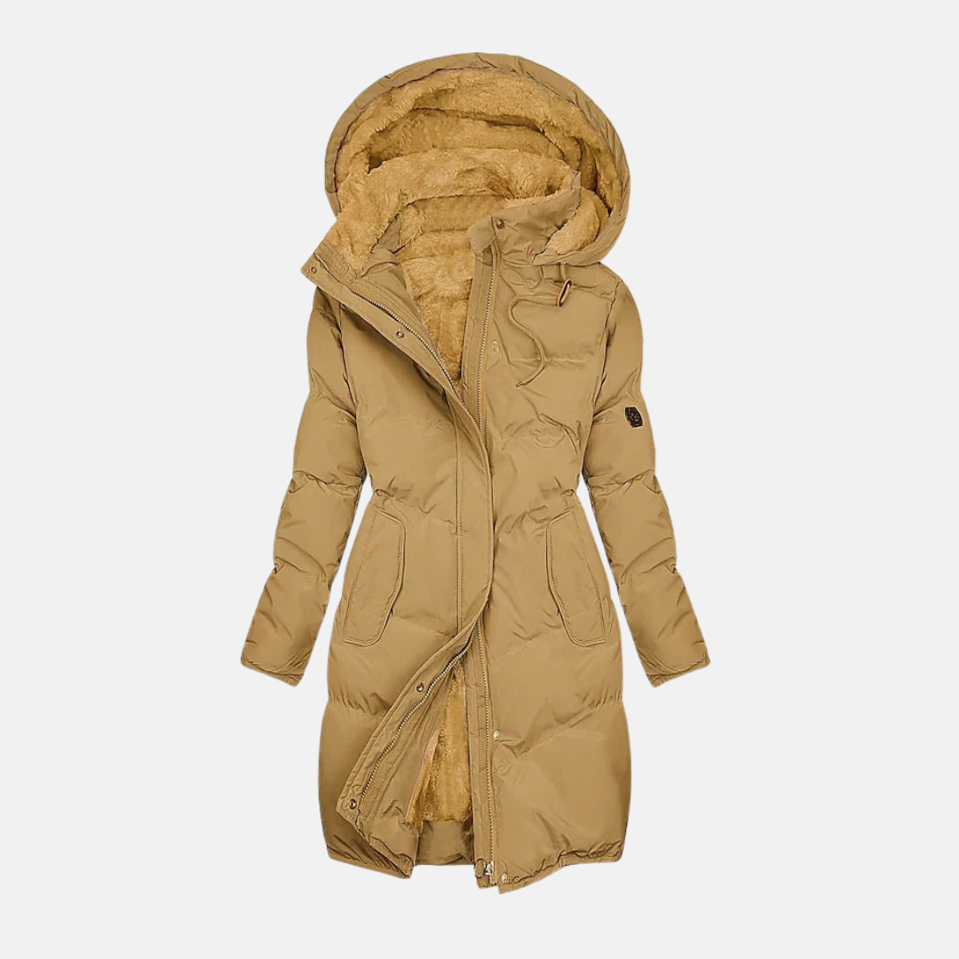 WW | Damen Lange Pufferjacke – Gesteppt Isoliert – Plüsch Kapuze – Verstellbare Taillie – Reißverschluss Vorderseite