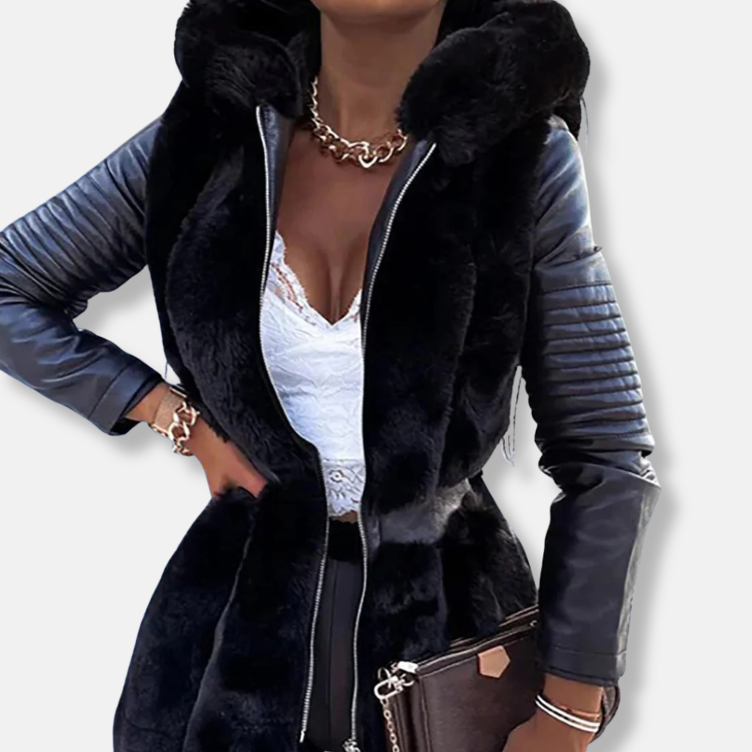 WW | Women's Mid-Length Coat – Faux Fur Front – Tailored Fit – Waist Belt Loop – Long Sleeves