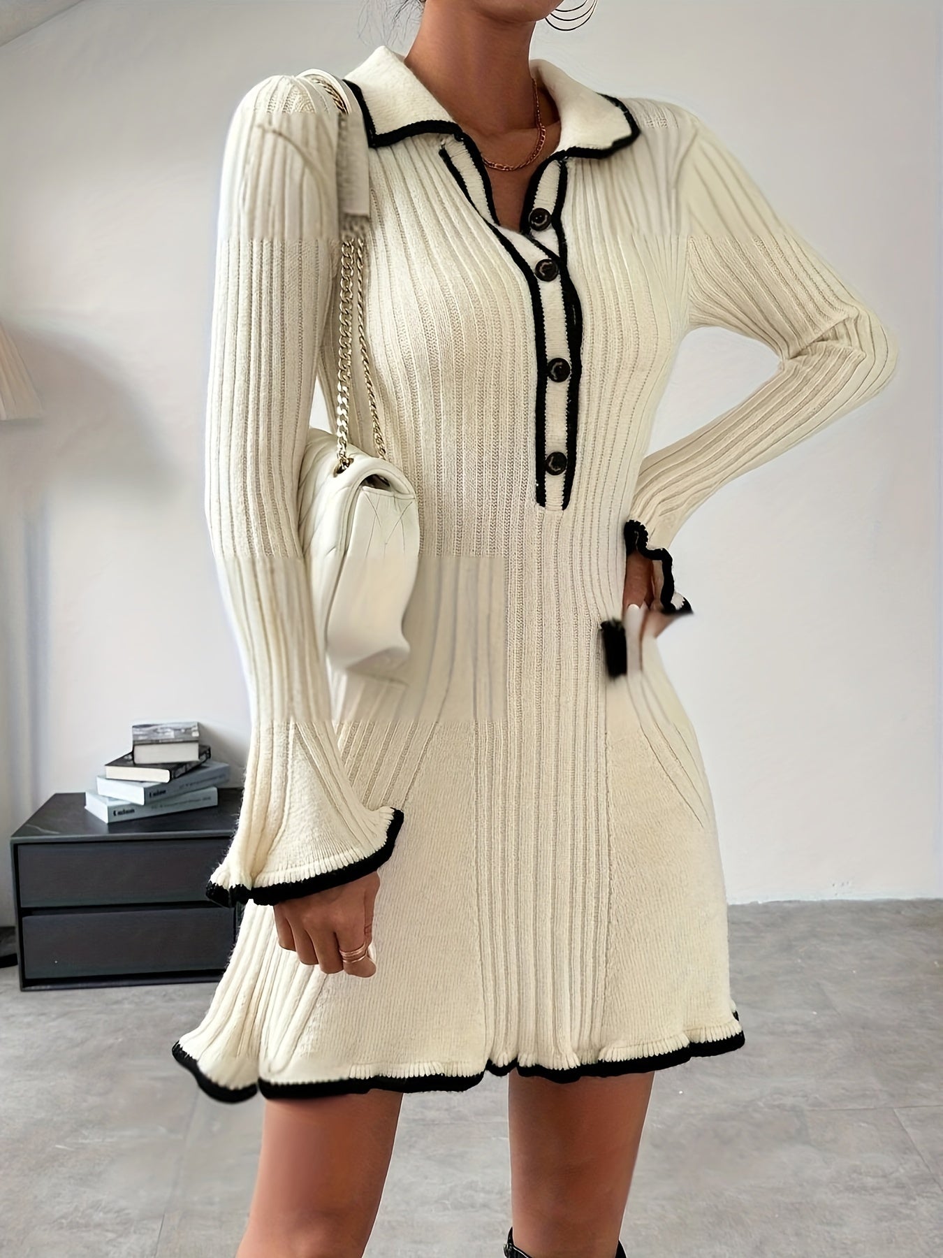 WW | Farbblock Salat Besatz A-Linie Knopf Vorderseite Schlag Ärmel Gerippt Pullover Formelles Kleid Für Frauen - Für formelle Anlässe
