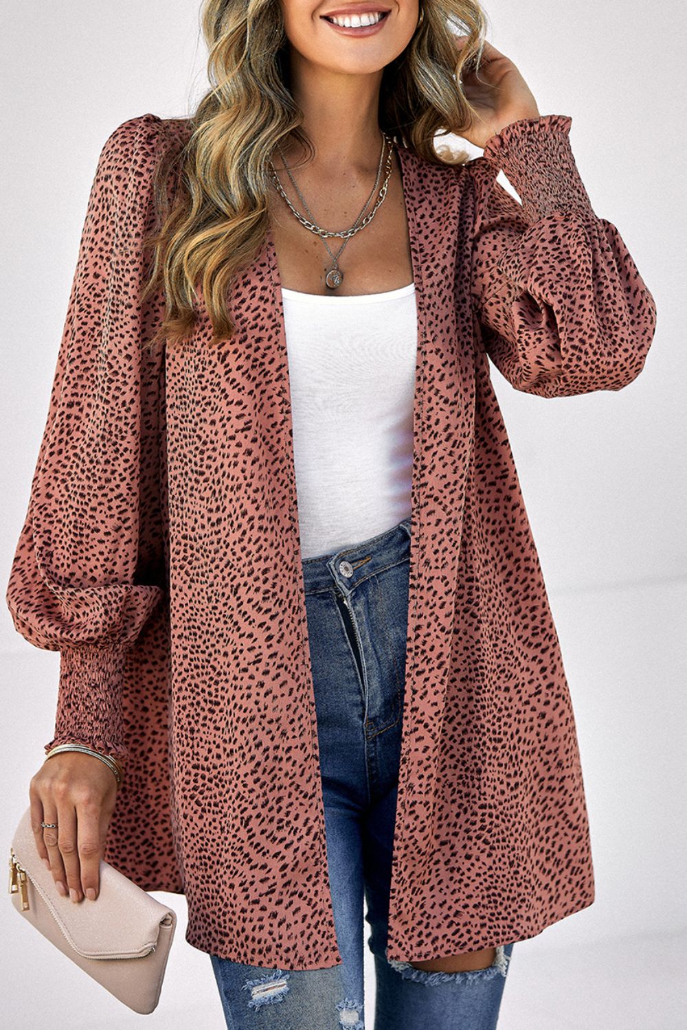 Strickjacke mit Leopardenmuster und Ballonärmeln