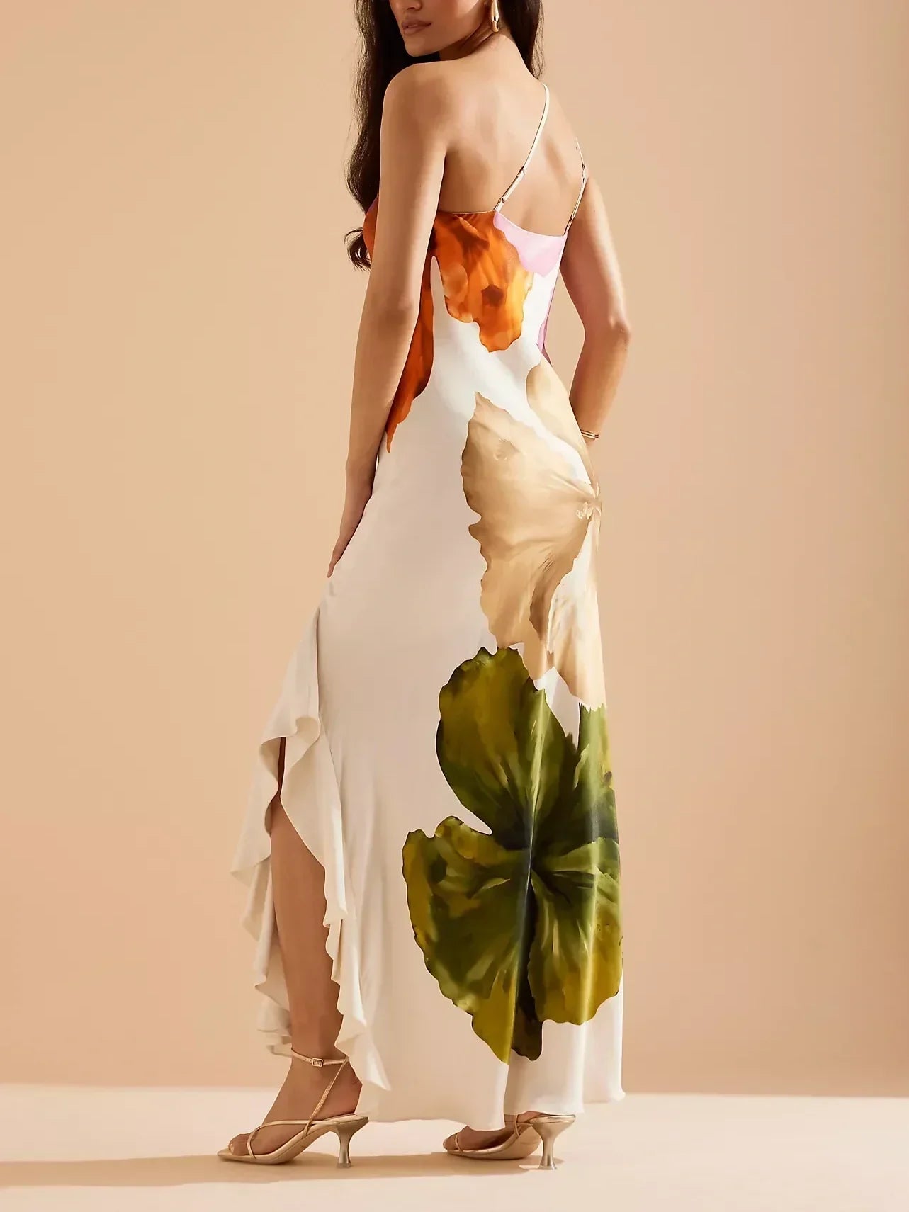 One-shoulder maxi dress with spaghetti straps