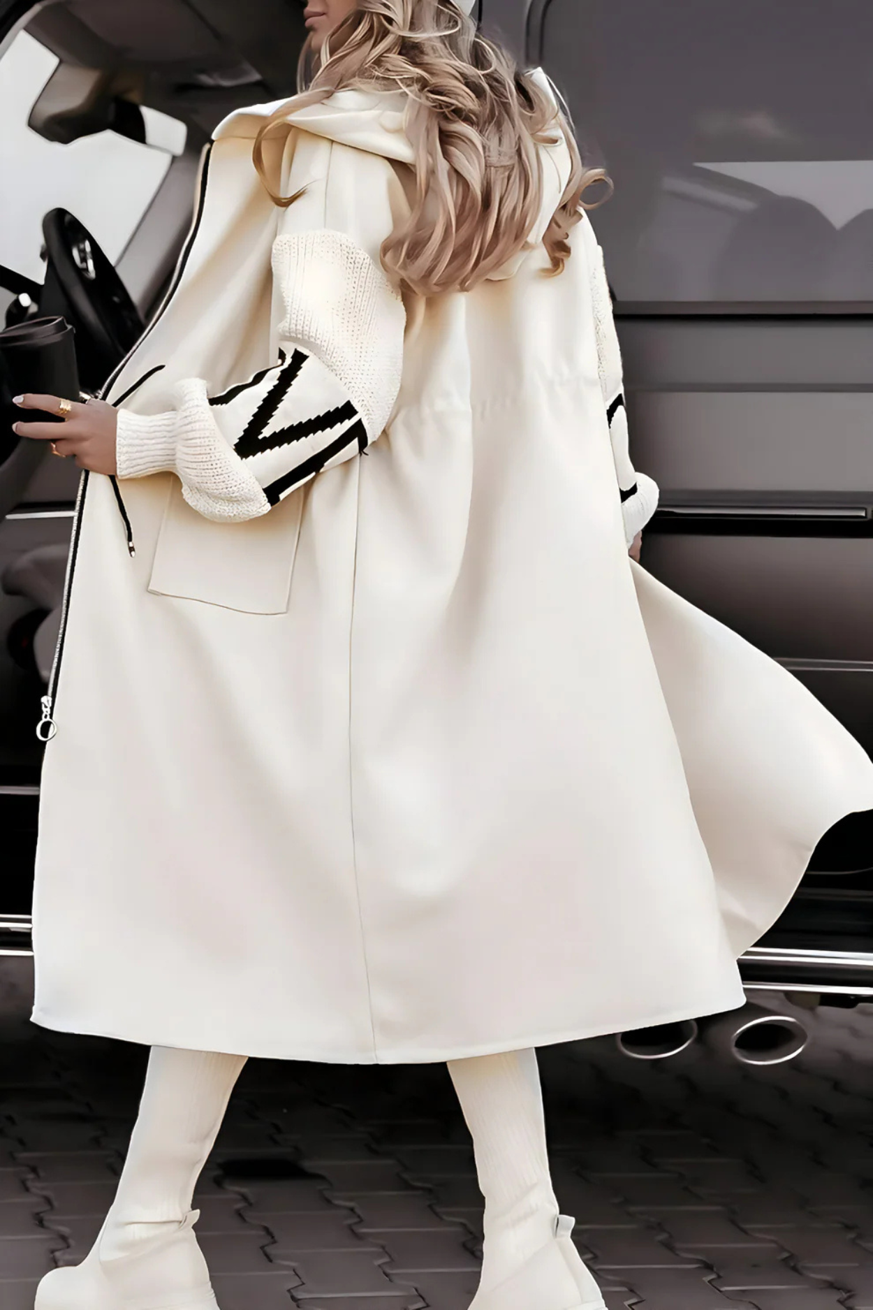 Amelia Women's Jacket with Knitted Sleeves and Hood - White