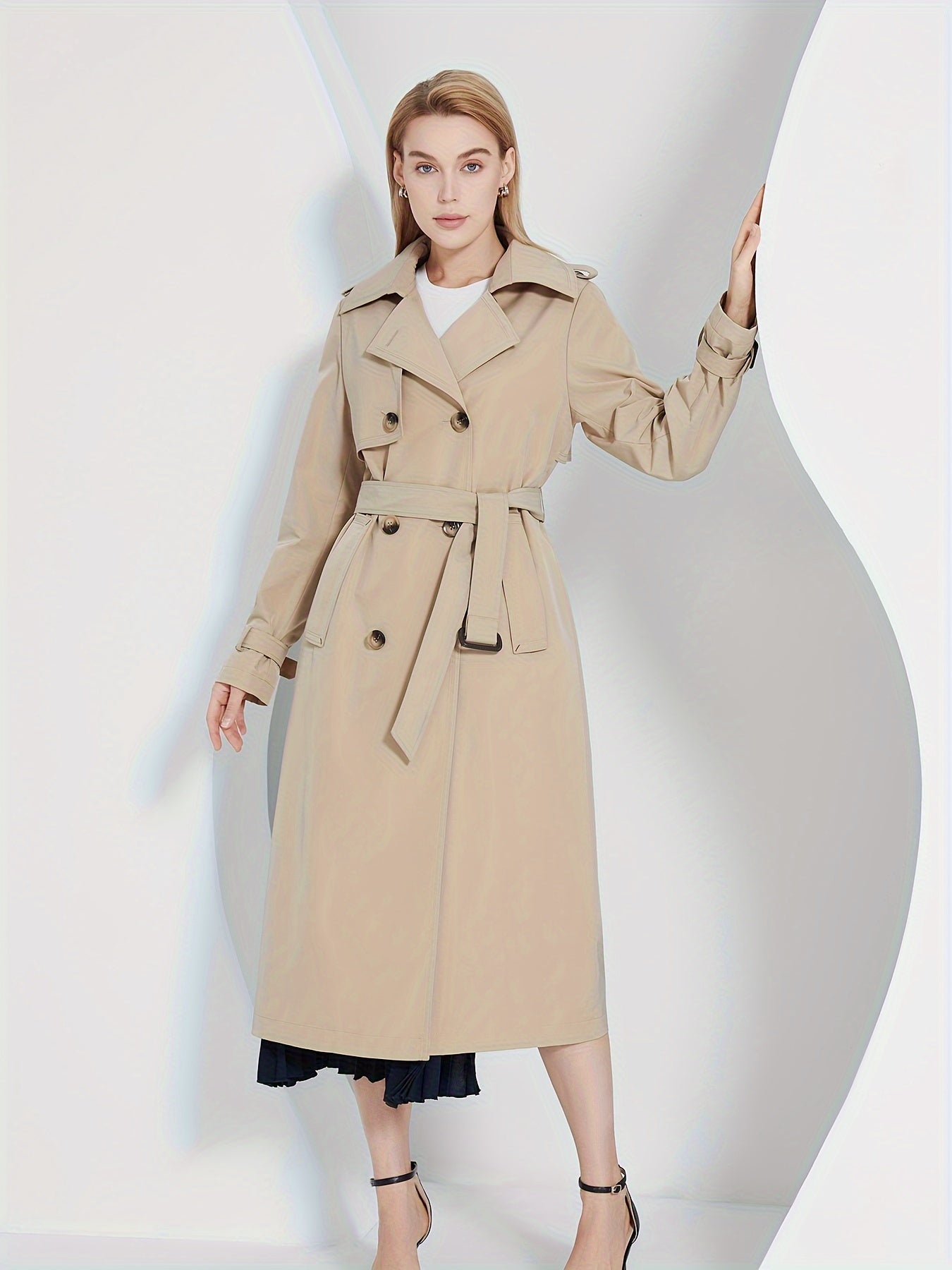 WW | Langarm-Trenchcoat mit einfarbigem Gürtel-Design für Damen - Für den Alltag