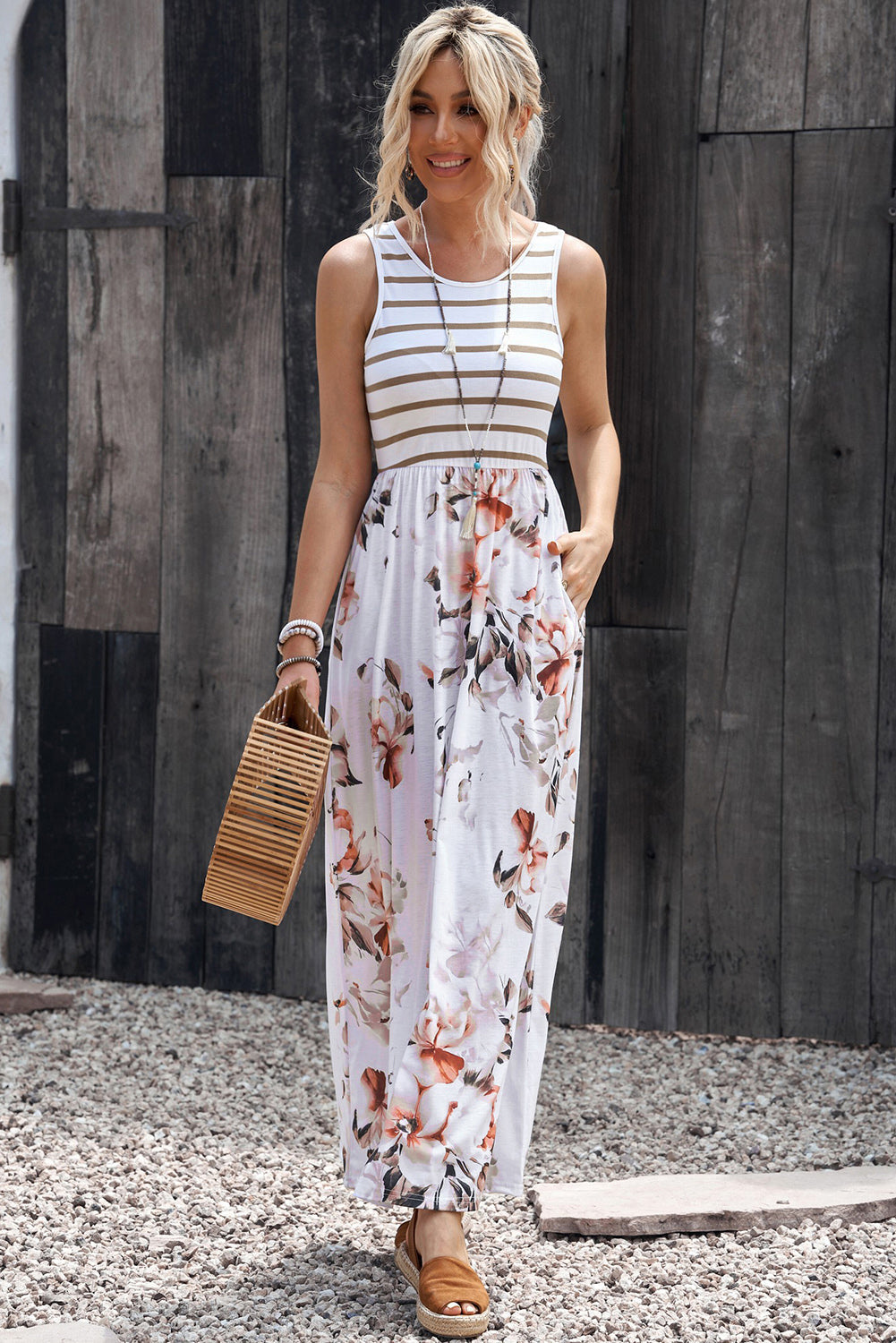 WW | Gestreiftes Floral Rundhals Ärmelloses Maxikleid