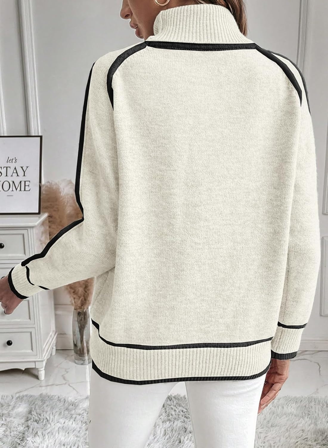WW | Women's Turtleneck Sweater with Contrasting Seams - Casual Oversized Sweater
