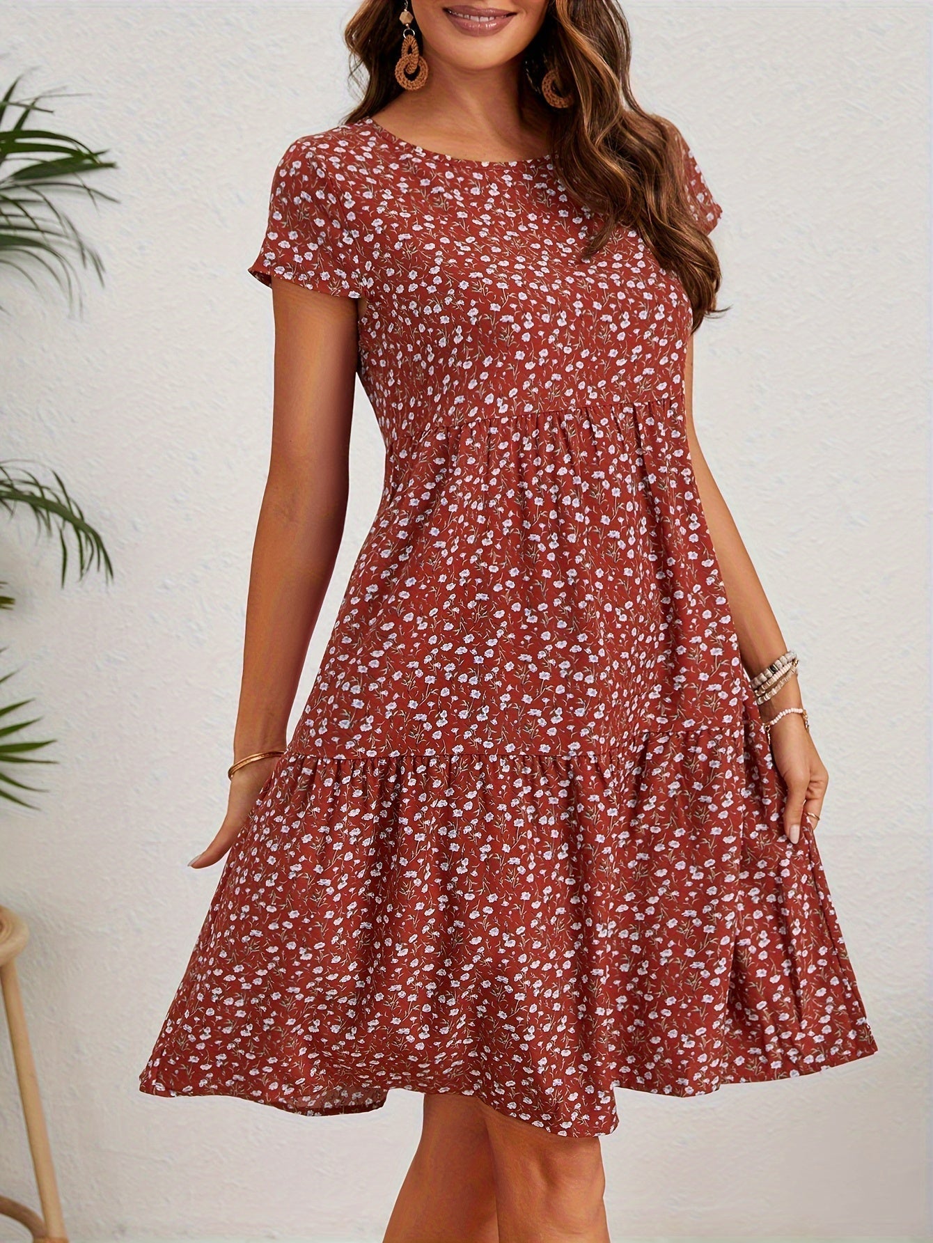 Callista - Floral Print Round Neck Dress