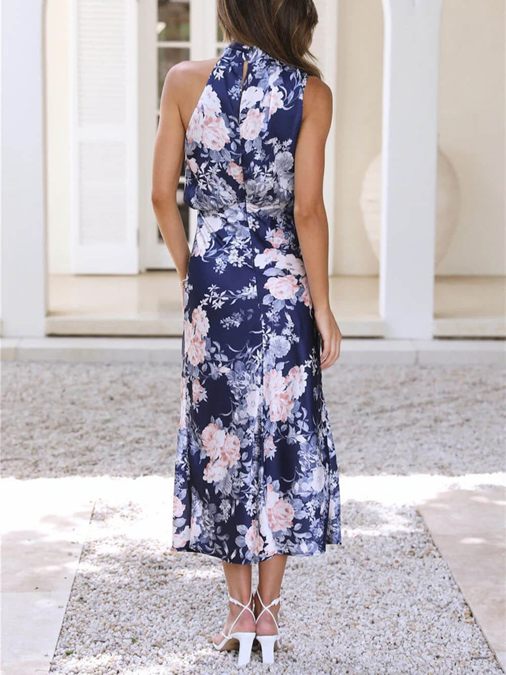 Maxi dress with halterneck, floral pattern, and elasticated waist