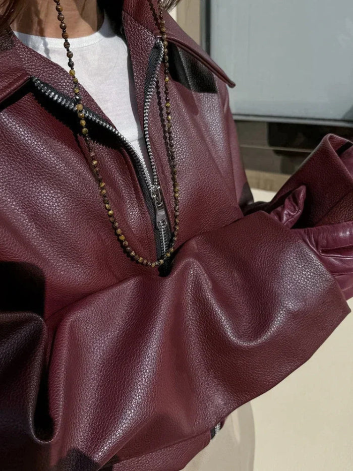 WW | Damen Rote Lederjacke Weinlese Lederjacke Mit Reißverschluss Für Frauen