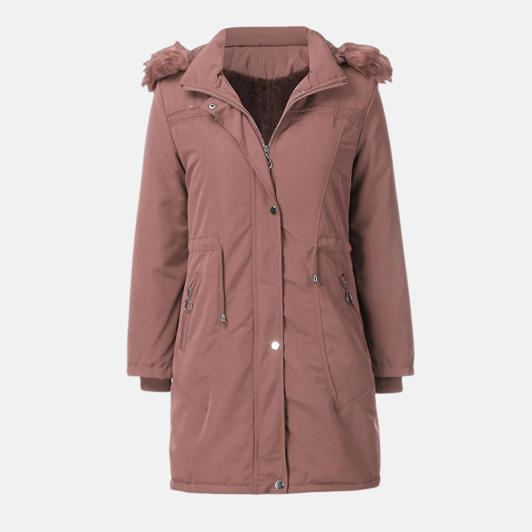 WW | Long Padded Jacket Straight Cut Hood with Faux Fur Water-Repellent Adjustable Waist Zip Fastening with Press Studs Mid-length