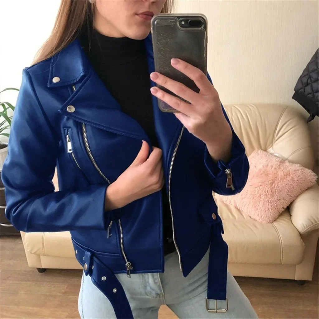 WW | Lederjacke Damen Bikerjacke Mit Reißverschlüssen Und Taillengürtel