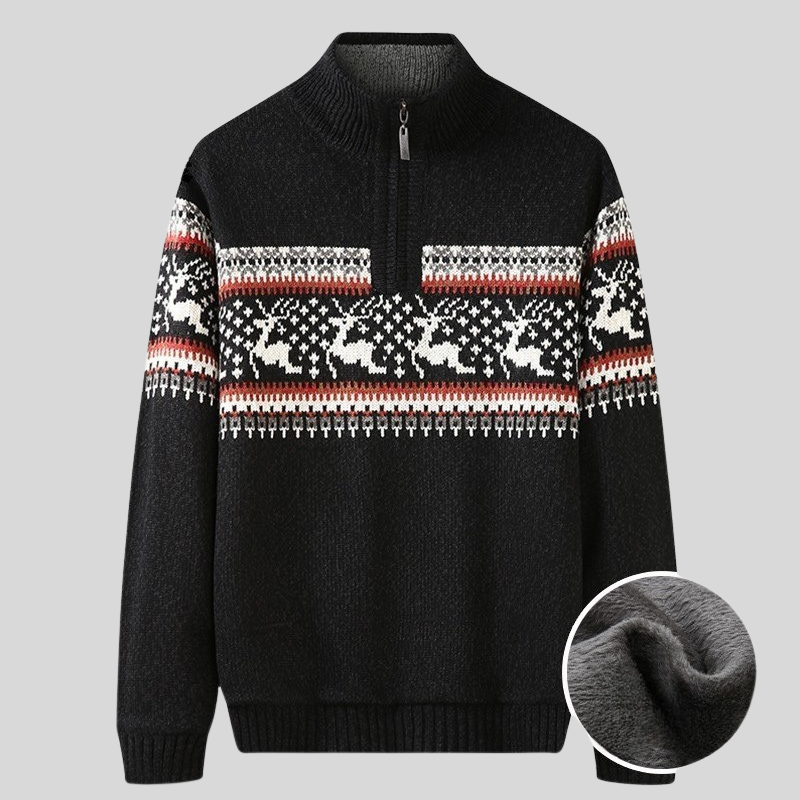 WW | Nordic Knitted Sweater Half-Zip with High Collar Warm Plush Lining