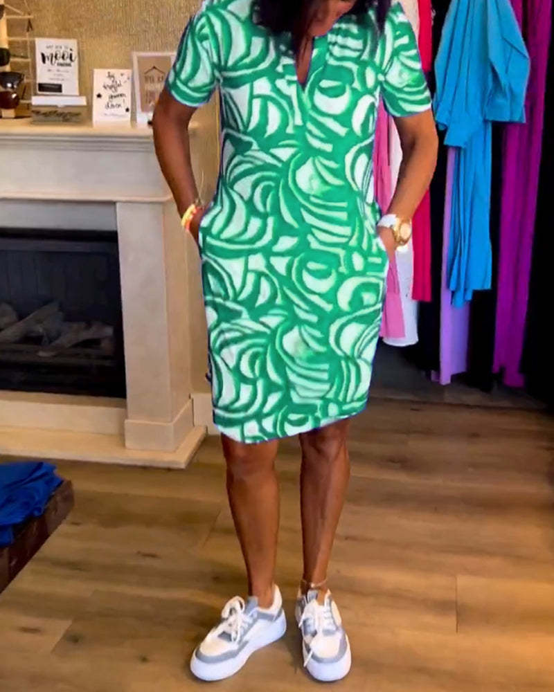 WW | Kurzärmeliges Damenkleid Mit V-ausschnitt Und Print