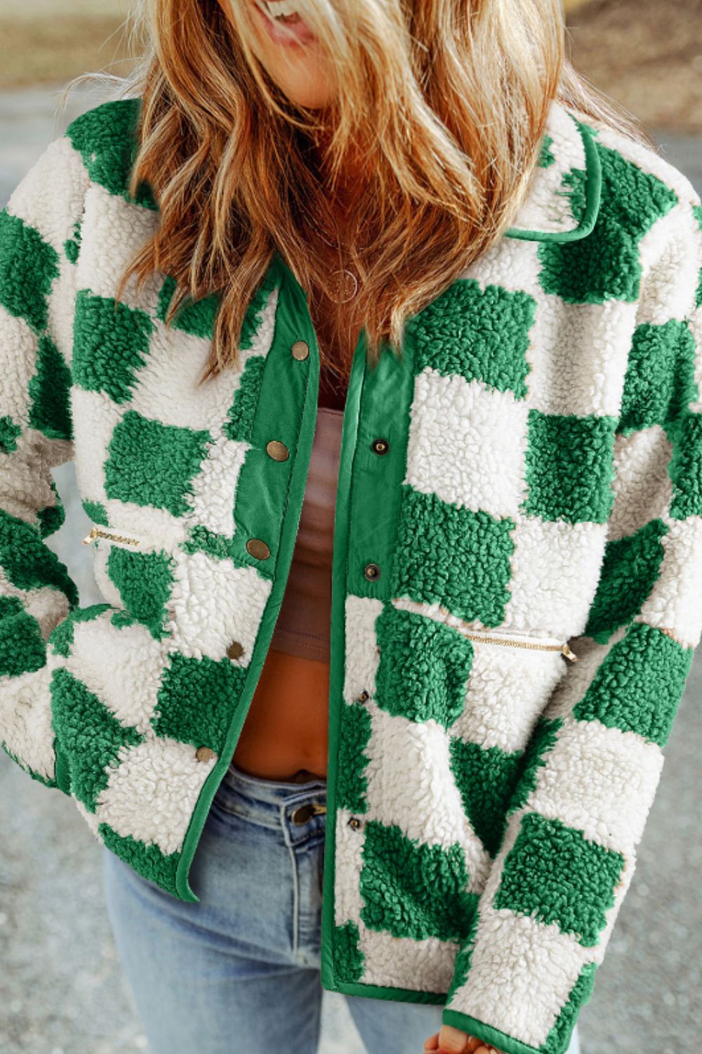 WW | Casual Fall Green Plaid Snap-Down Jacket for Women