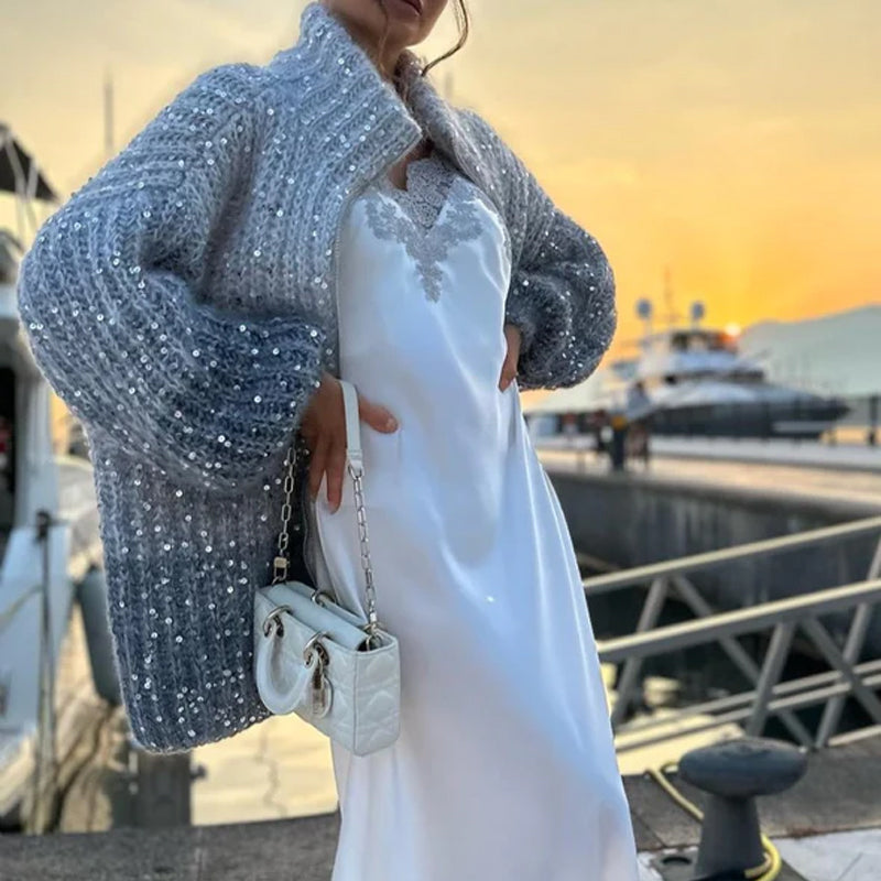 WW | Strickjacke mit Pailletten - Eleganter Glanz & Leichtes Gewebe - Einfarbig Cardigan für Alltag & besondere Anlässe