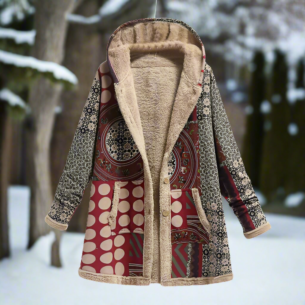 WW | Langer Patchwork-Mantel - Gefüttert mit Fleece - Kapuze & Knopfverschluss - Lässiger Look