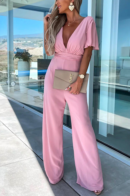WW | Rosiedress Deep V-Neck Ruffle Sleeve High Waist Wide Leg Jumpsuit