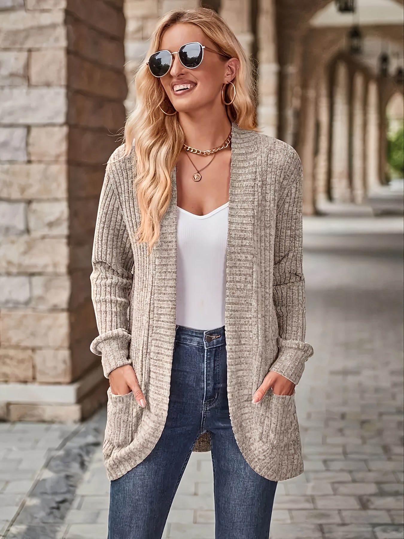 WW | Offene Weste ohne Muster mit Taschen, Damen