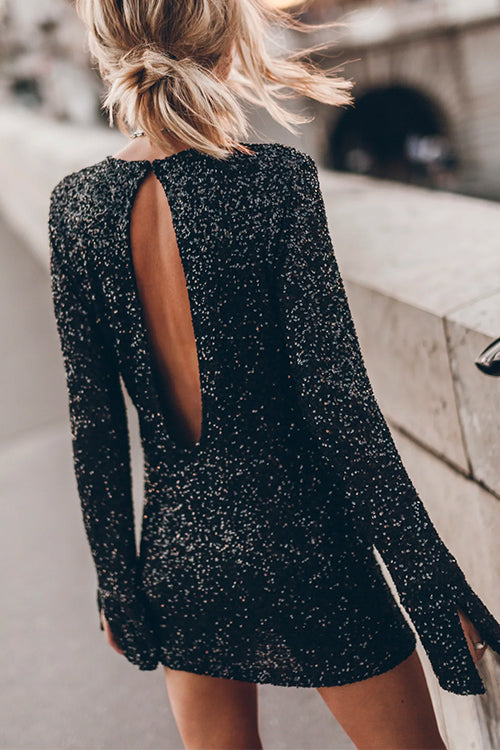 WW | Schlitz Lange Ärmel Rücken Ausschnitt Pailletten Mini Kleid