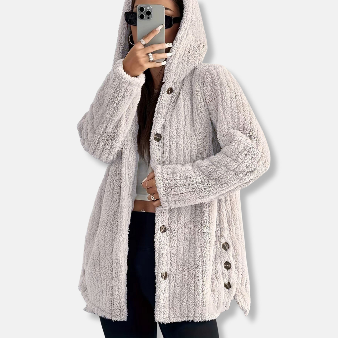 WW | Women's Hooded Plush Coat – Loose Fit – Button Closure – Long Sleeves Soft Texture