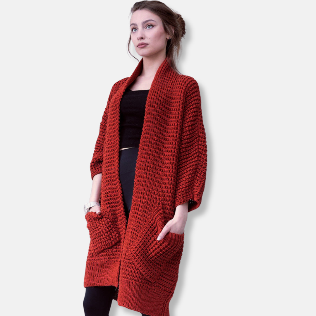 WW | Knitted Coat - Oversized Fit - Open Front - Patch Pockets - Ribbed Trims