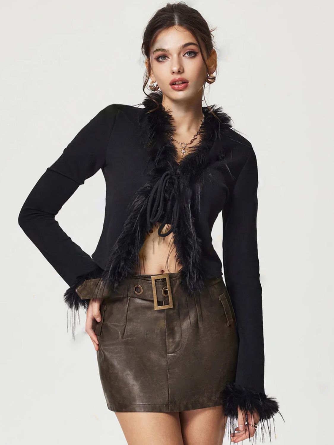 WW | Gebunden Fuzzy Trim Langarm Strickjacke