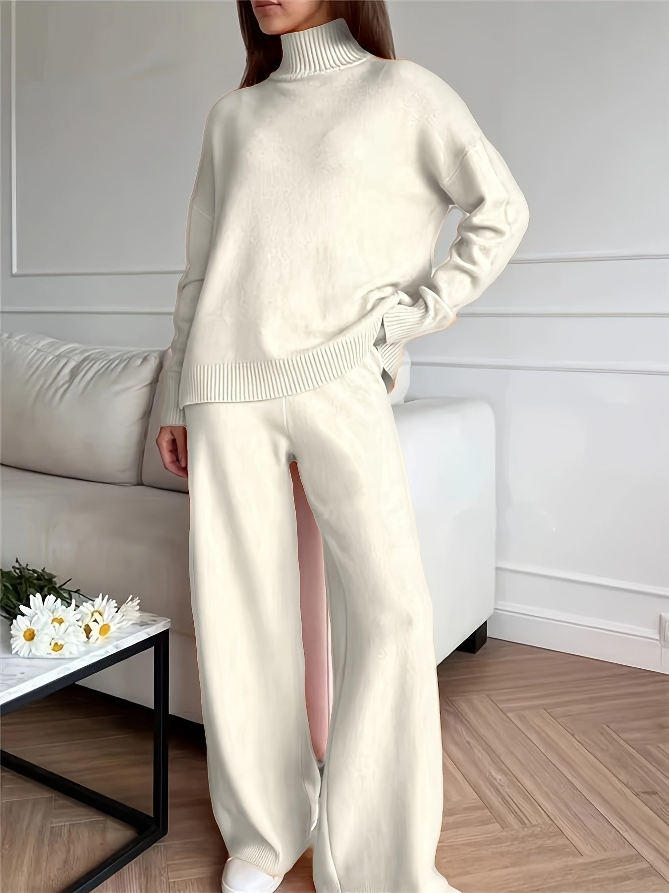 WW | Einfarbiges Pullover Und Gestricktes Outfit Set Für Damen - Perfekt Für Freizeitkleidung