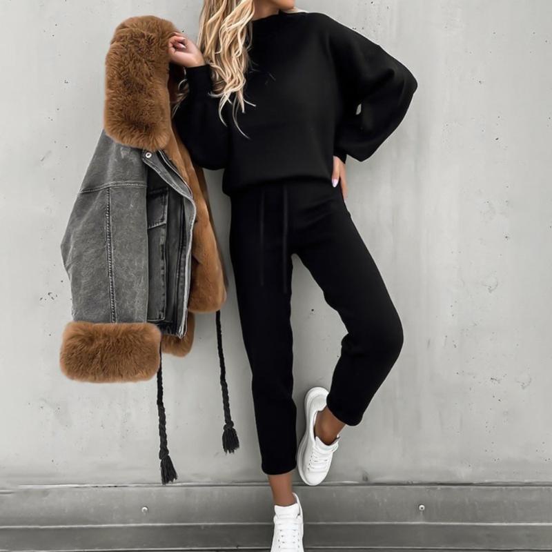 WW | Gemütlicher Anzug Lässiger Pullover Mit Ballonärmeln Hochtaillierte Jogginghosen Mit Kordelzug