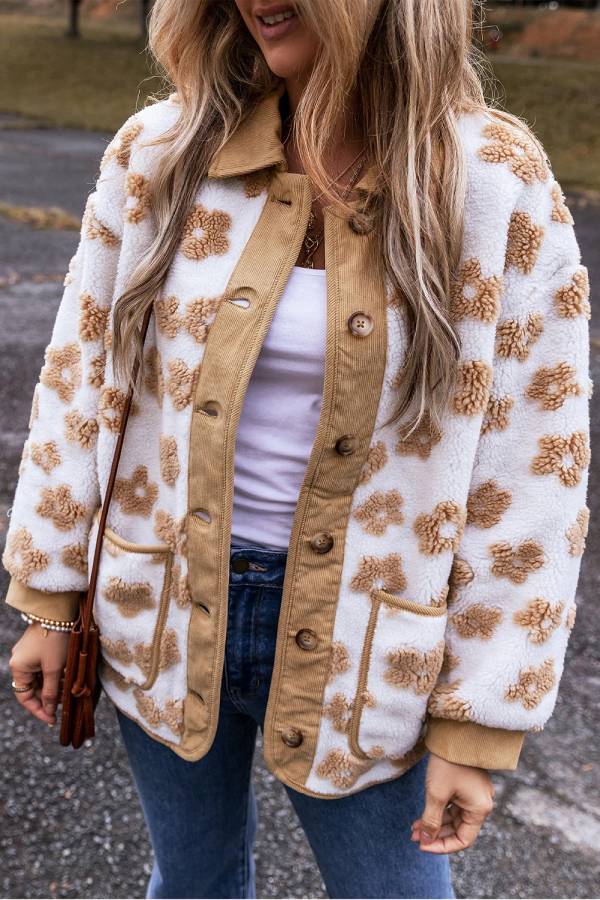 WW | Französisches Beige Süßes Blumenmuster Knopfleiste Fleecejacke