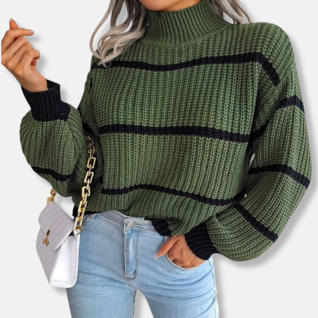 WW | Strickpullover - Weicher gerippter Rollkragen - Lockere Passform - Klassische Streifen