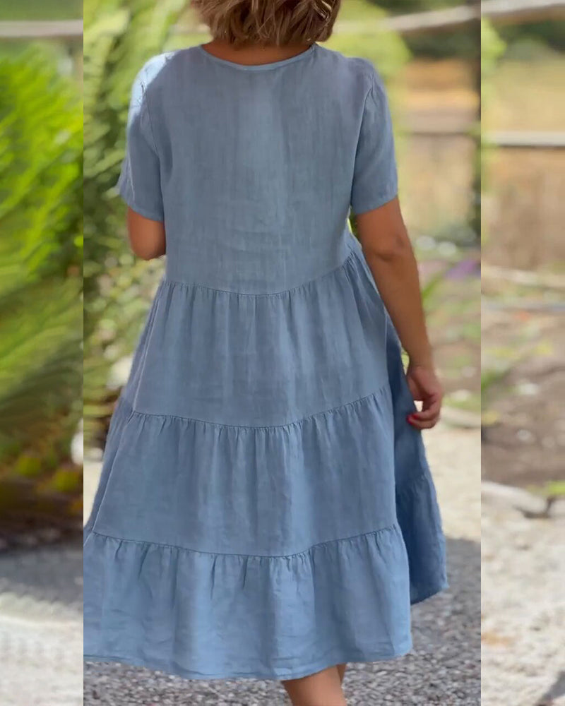 WW | Einfarbiges Kleid aus Baumwoll-Leinen mit V-Ausschnitt