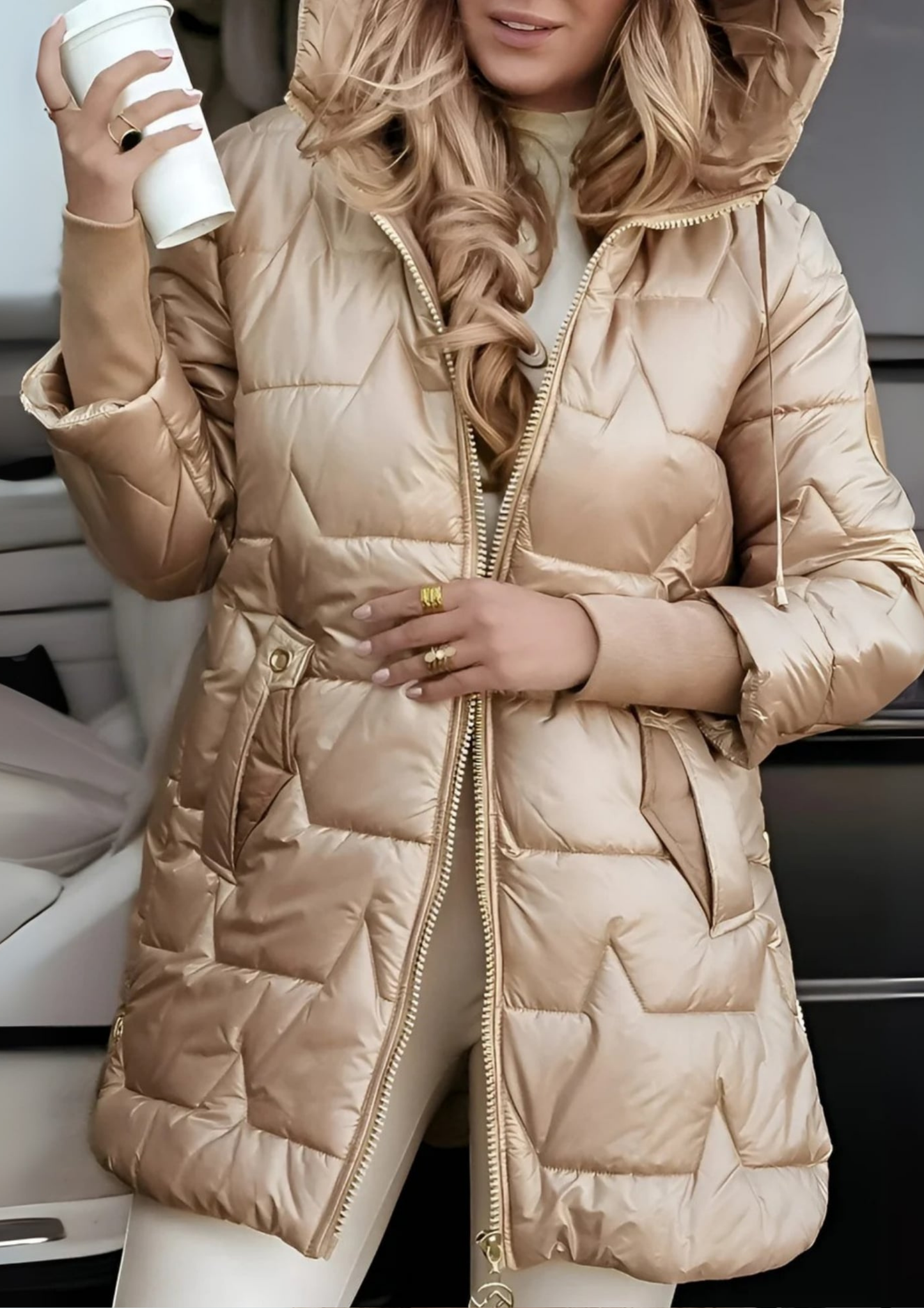 Lira Elegant Hooded and Padded Winter Coat - Beige