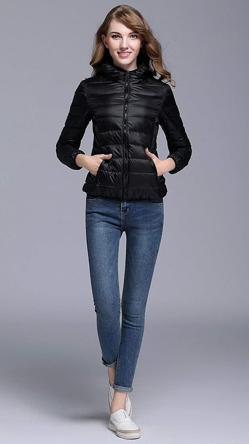 WW | Winterdaunenjacke mit Kapuze für Damen Weiß und Schwarz - faltbare Daunenjacke