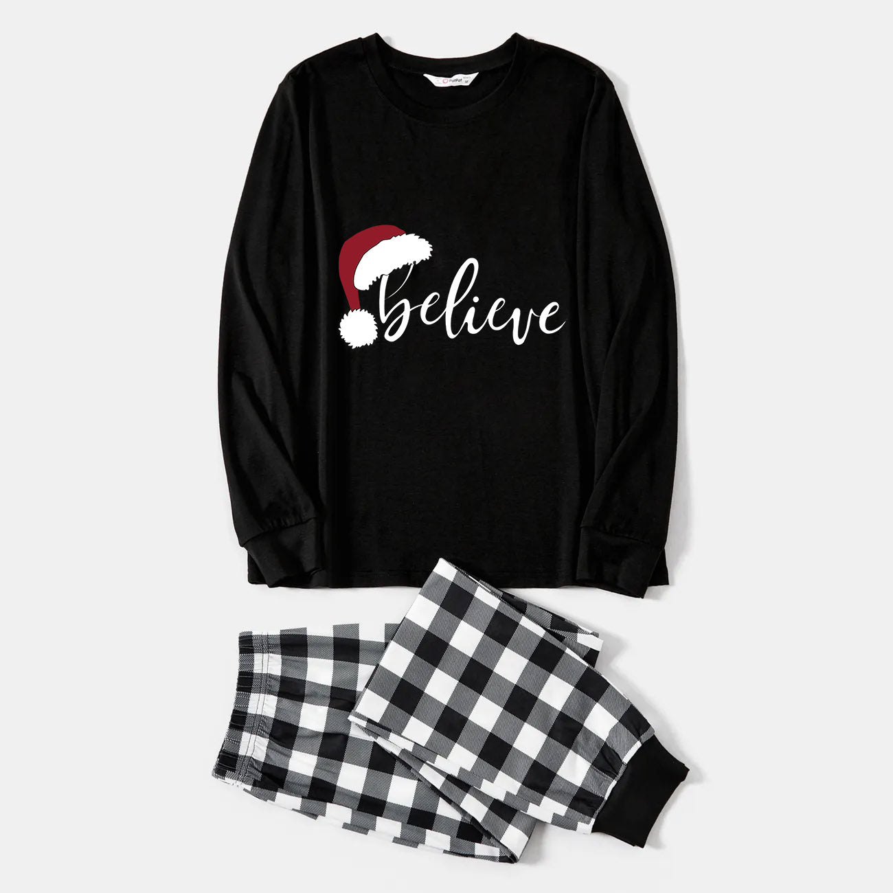 WW | Santa Hat and 'Believe' Letter Print Pattern Couple Black & White Plaid Pajama Set