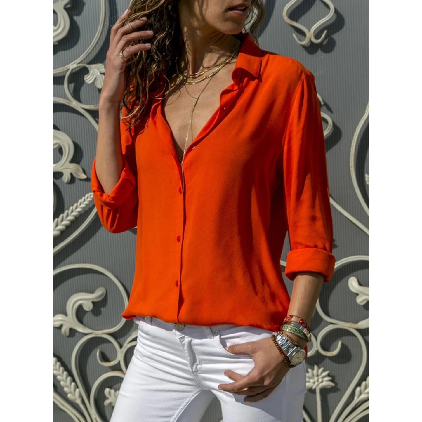 WW | Women's Long-Sleeve Blouse with Button Closure