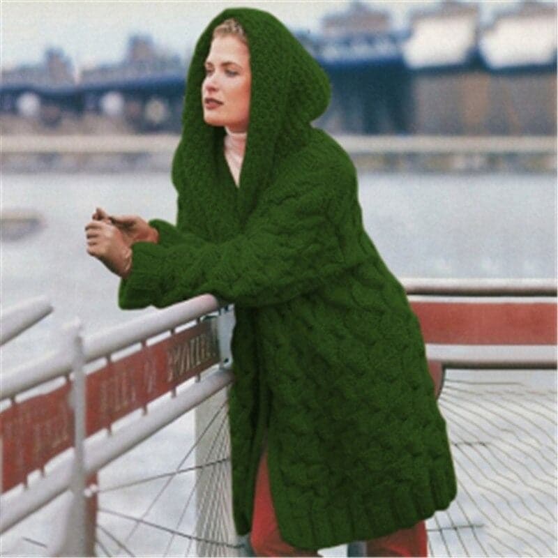 WW | Langer StrickStrickjacke Grober Kabelstrick Lässige Passform Mit Kapuze