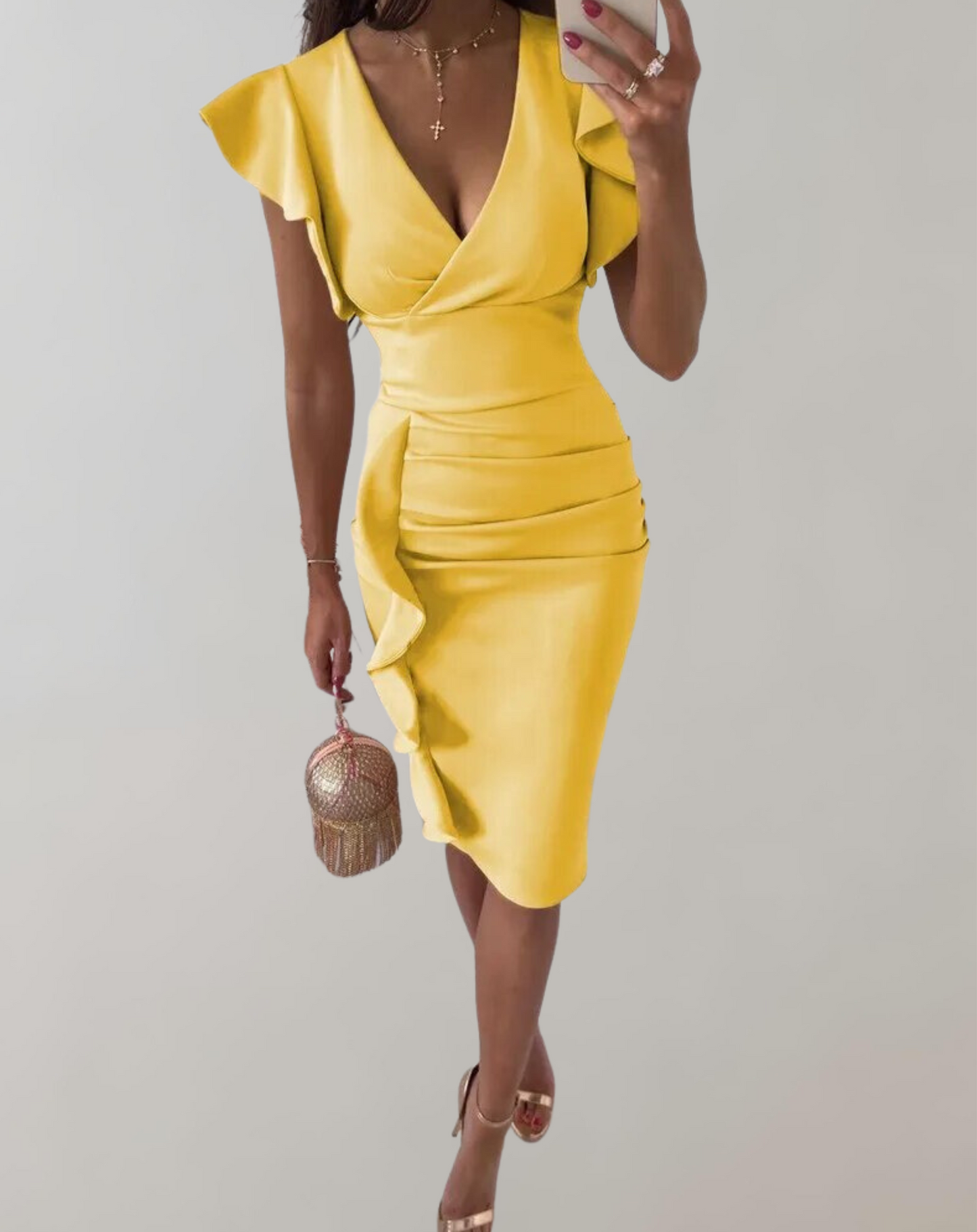 WW | Rüschen Fliegenärmel Hochtailliertes Kleid