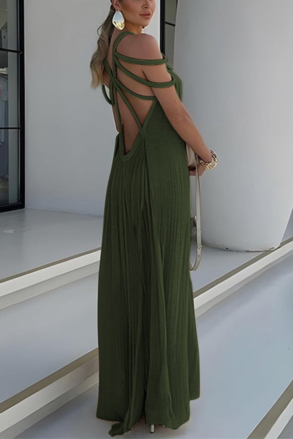 Long pleated dress with cord detailing and an artistic neckline