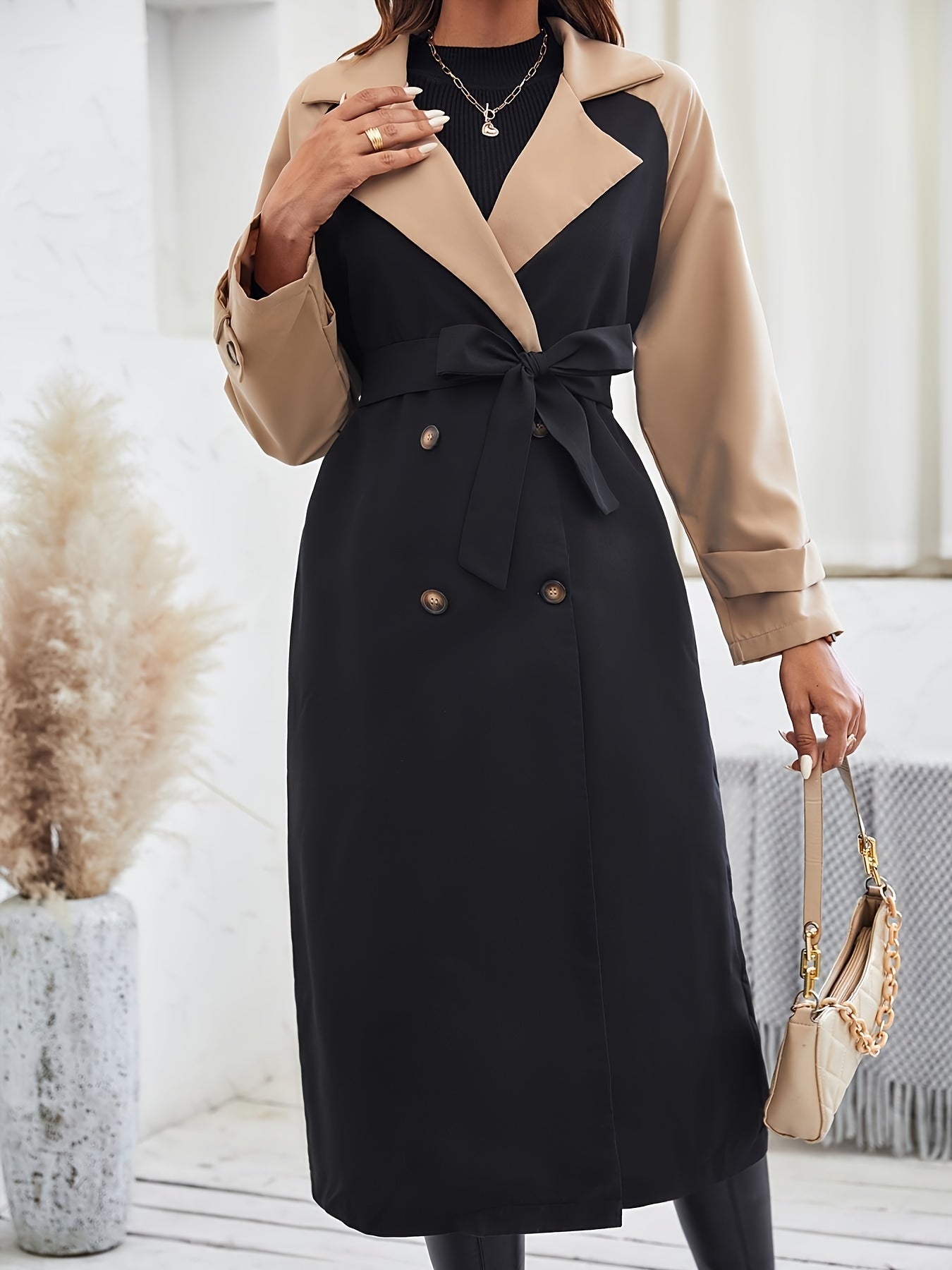 WW | Women's Colorblock Trench Coat with Button Detail and Machine Washable Design - Ideal for Everyday Wear