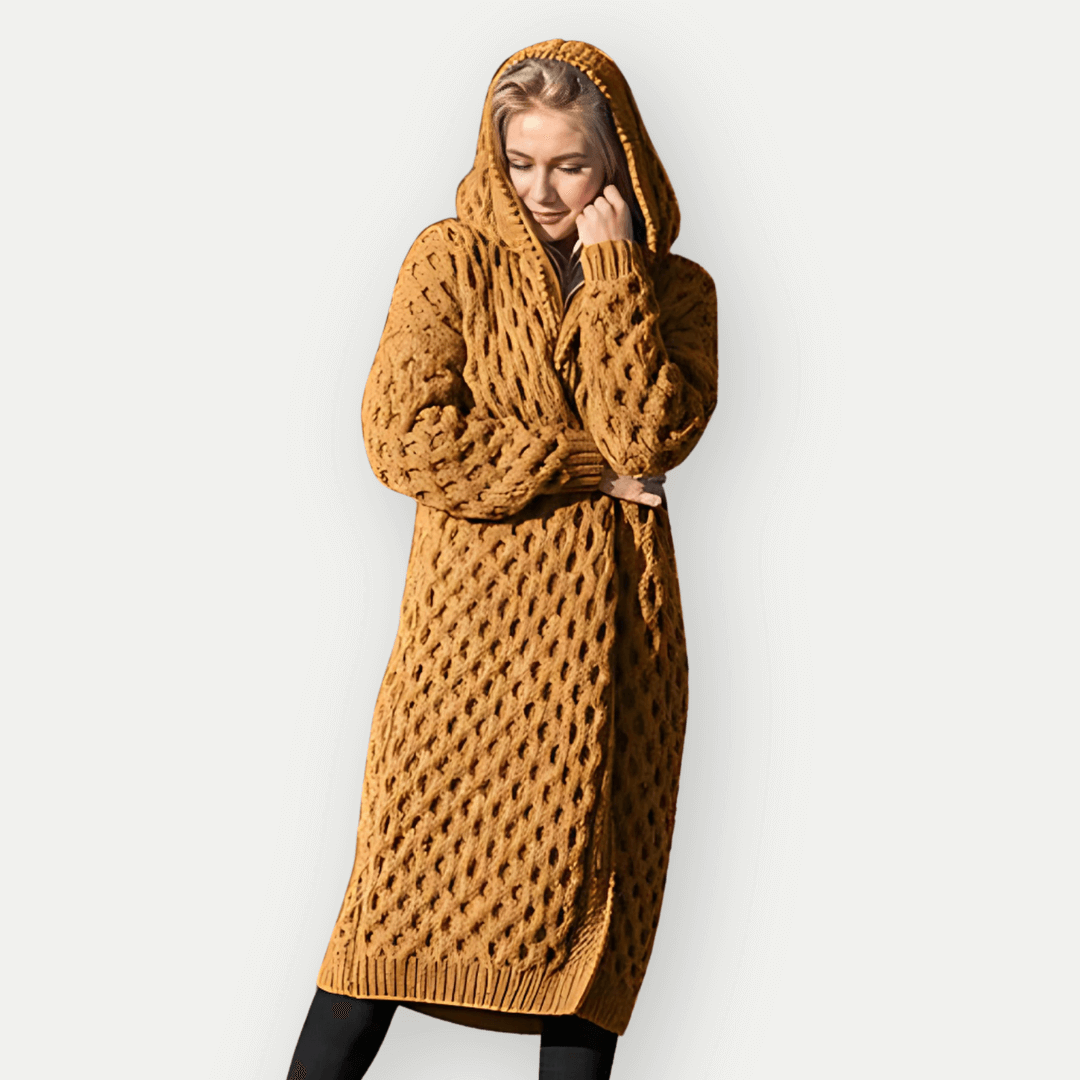 WW | Strickjacke Lockere Passform Zopf Muster Offene Vorderseite mit Kapuze