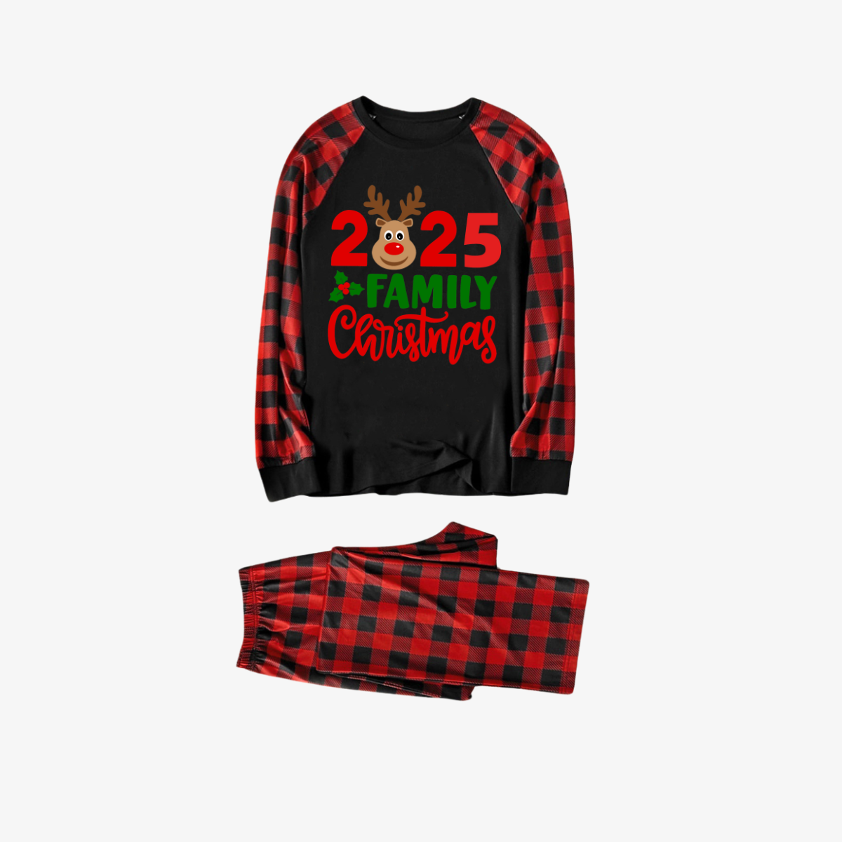 WW | "2025 Family Christmas" Elk Letter Print Black & Red Plaid Family Matching Black Pajamas