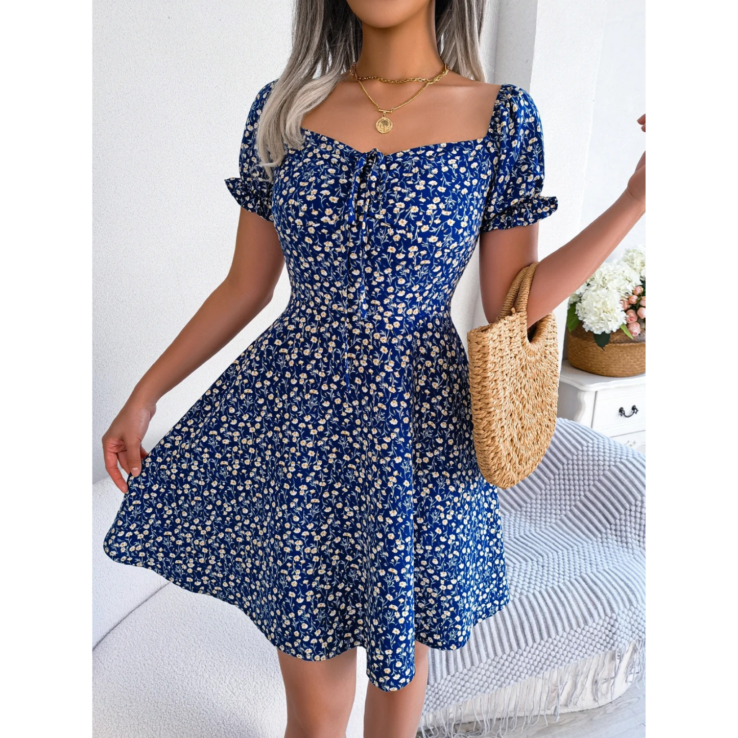 WW | Women's Summer Dress with Floral Puff Sleeves