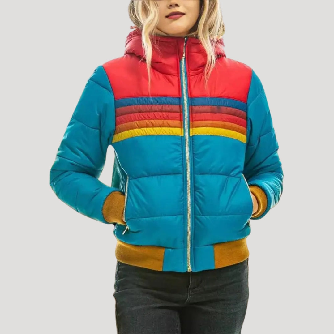 WW | Damen Winter Retro Pufferjacke – Kapuzen Farbblockmantel