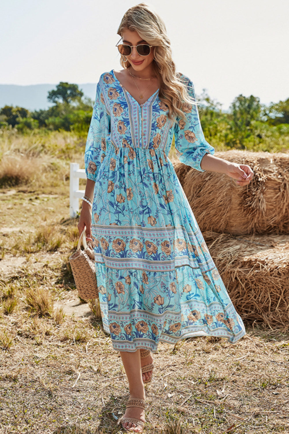 WW | Hohe Taille V-ausschnitt Boho Strandkleid